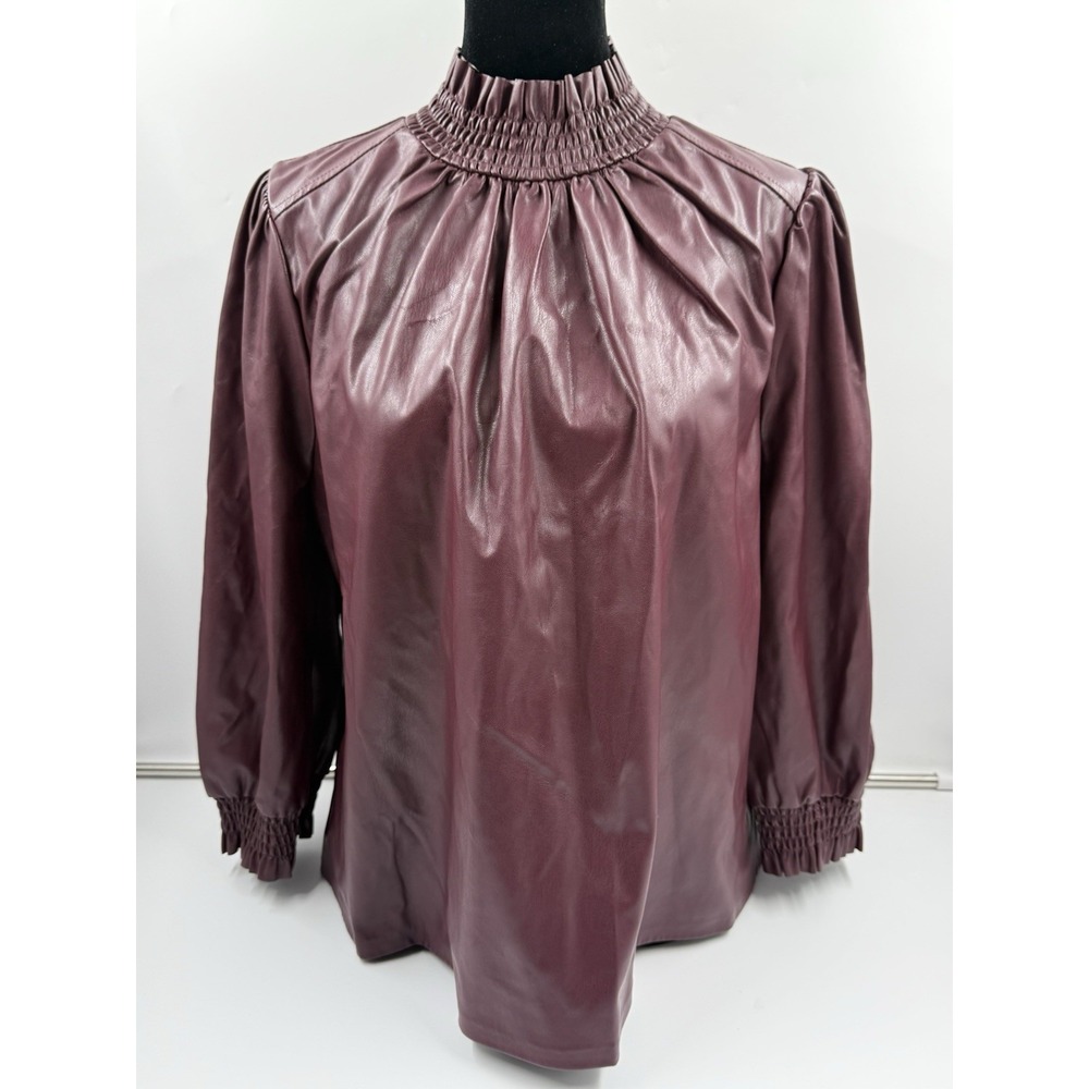 INC international concepts Women's Smock Neck Faux Leather Top L